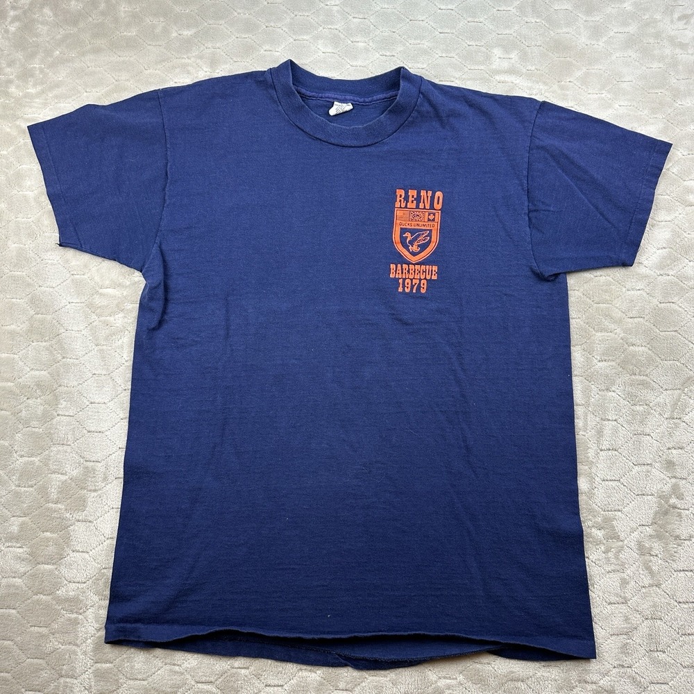 VTG 1979 Reno Ducks Unlimited Hunting Barbecue Shirt Mens XL Single Stitch Blue